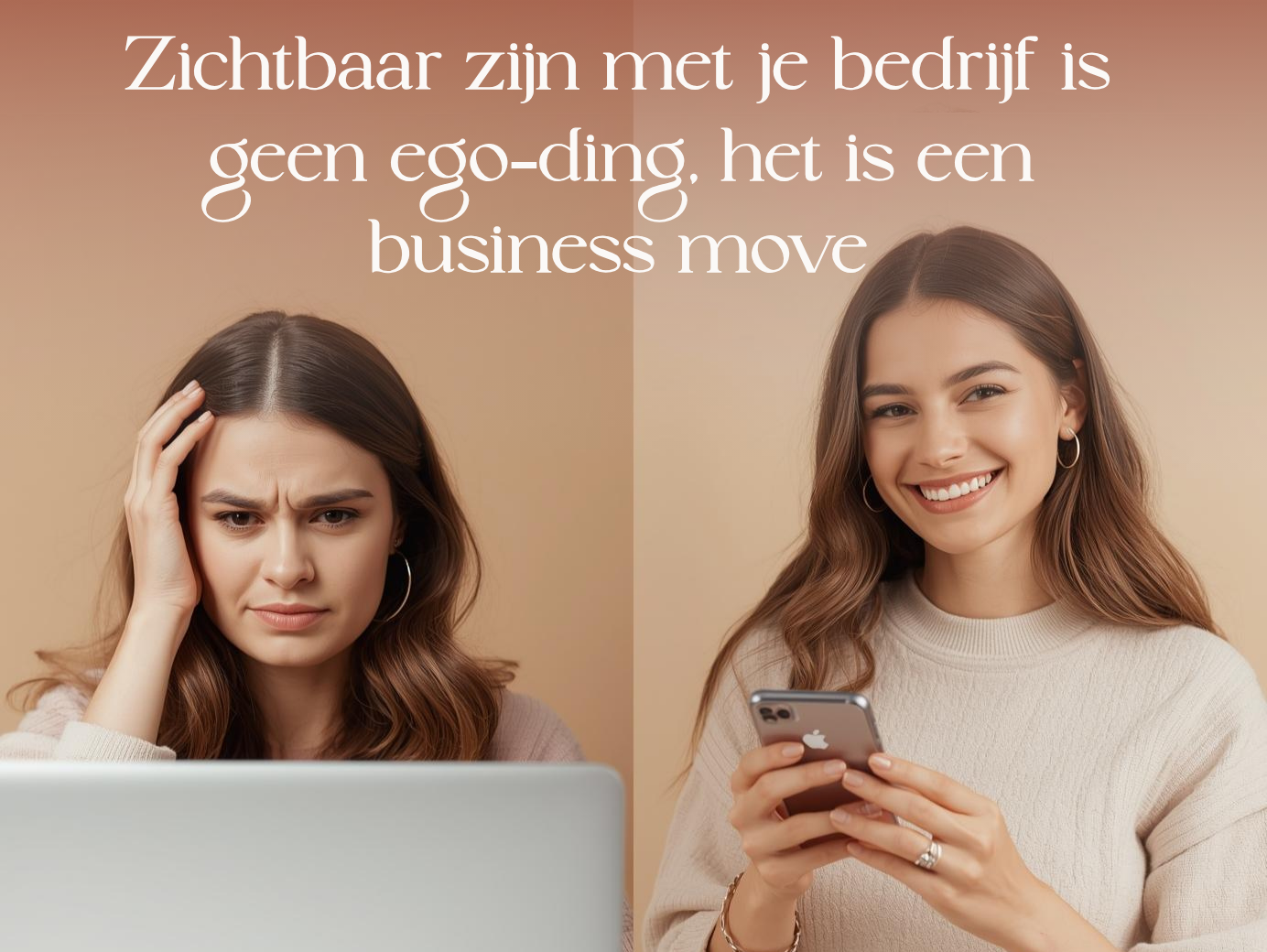 Coach of VA die eerst onzeker naar haar laptop kijkt en daarna vol vertrouwen zichtbaar is met haar telefoon. Een visuele vertaling van de stap naar meer zichtbaarheid in je bedrijf.