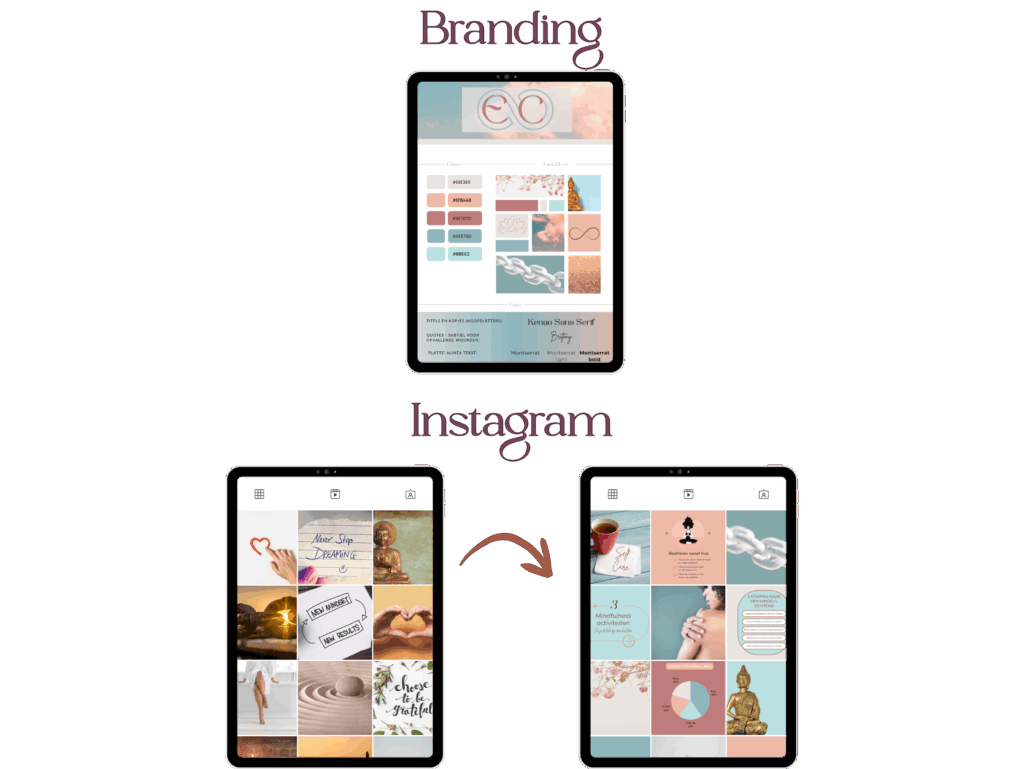 Voorbeeld van consistente branding toegepast op Instagram, met bijpassende kleuren, beelden en lettertypes.